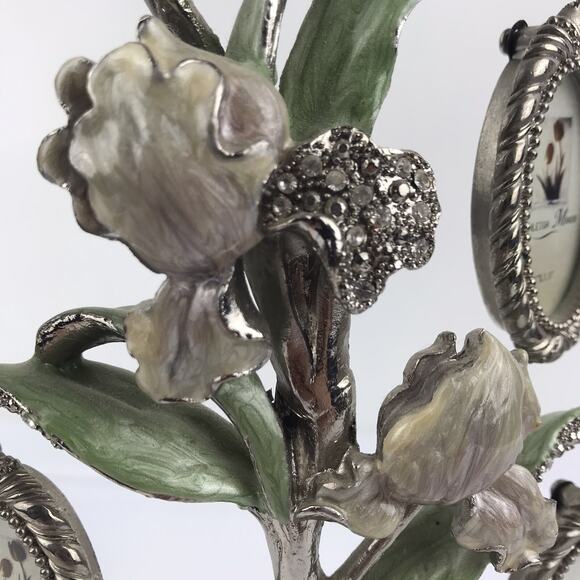 Ashleigh Manor 5 Frame Family Photo Tree Pewter Rhinestone Enamel Floral Flower - Picture 5 of 16